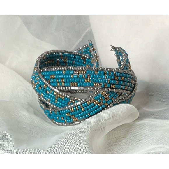 Vintage Turquoise And SilverBeaded Bracelet Clamp - Picture 6 of 7